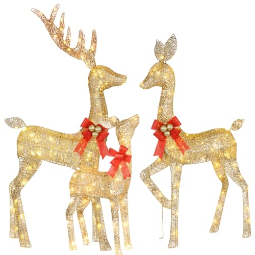 Read more about the article Lighted Christmas Decoration Deer 3 Piece, HOYECHI Light up Christmas Decor Reindeer Family Set for Indoor Outdoor Front Yard Porch with 210 LED Lights, Plug, Ground Stakes – Gold