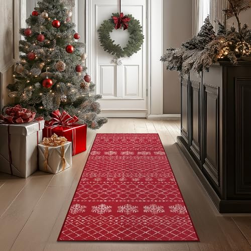 You are currently viewing jinchan Christmas Runner Rug 2×6 Red Hallway Rug Xmas Snowflake Runner Kitchen Rug Washable Rug Non Slip Moroccan Carpet Holiday Decor Geometric Soft Rug for Bedroom Bathroom Laundry Living Room