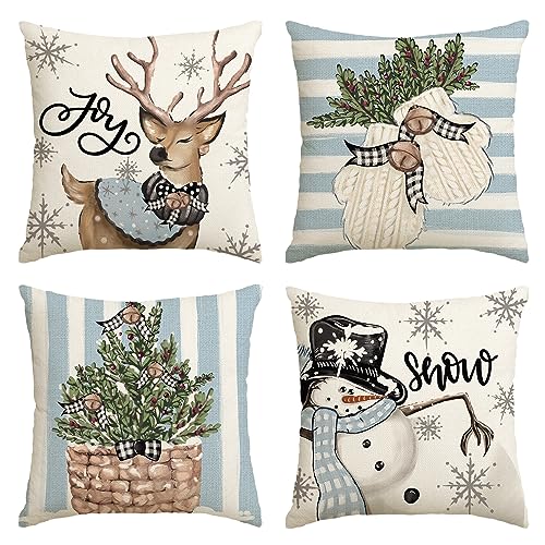 You are currently viewing AVOIN colorlife Christmas Snowman Reindeer Gloves Eucalyptus Blue Throw Pillow Covers, 20 x 20 Inch Winter Holiday Stripes Cushion Case Decoration for Sofa Couch Set of 4