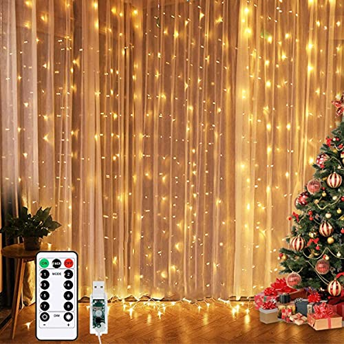 You are currently viewing Unihoh Curtain Lights, Fairy Lights for Bedroom, 300 LEDs Warm White Twinkle Lights W/ 8 Modes USB Powered, Icicle String Lights W/ Remote & Timer for Indoor Xmas Party Patio Decoration(9.8 x 9.8 Ft)