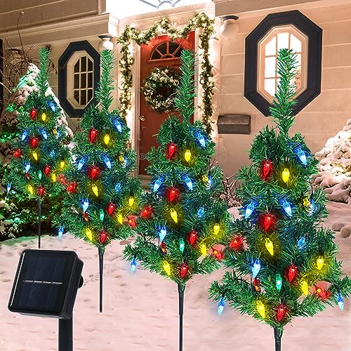 Aovciust 4PCS Solar Christmas Tree for Outdoor Christmas Decoration Pathway Lights with 80 C6 Multi-Color Lights Water Proof for Garden Yard and Outside Decorations