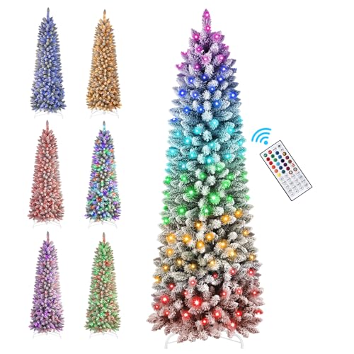 Read more about the article SHareconn 6ft Prelit Snow Flocked Artificial Hinged Pencil Christmas Tree, with Upgrade Remote Controlled Multi-Color RGB Lights, Full Branch Tips, Good Decoration for Xmas Holiday, 6FT, Flocked Green