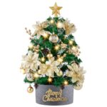 Yeauhwov Small Christmas Tree: 2ft Mini Christmas Tree with Lights, Tabletop Artificial Xmas Tree with Star Treetopper, LED String Light & Ball Ornaments, for Desk Christmas Decors Home Office Party