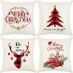 AUMA Christmas Throw Pillow Covers 18×18 inch – Christmas Decorations Tree Reindeer Pillow Cushion Covers Home Decorative Pillowcase for Couch Sofa Bed Breathable Linen with Hidden Zipper