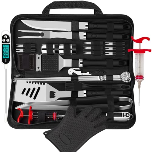 Read more about the article ROMANTICIST 26pcs Grilling Accessories Kit for Men Women, Stainless Steel Heavy Duty BBQ Tools with Glove and Corkscrew, Grill Utensils Set in Portable Canvas Bag for Outdoor,Camping,Backyard,Black