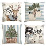 AVOIN colorlife Christmas Snowman Reindeer Gloves Eucalyptus Blue Throw Pillow Covers, 20 x 20 Inch Winter Holiday Stripes Cushion Case Decoration for Sofa Couch Set of 4