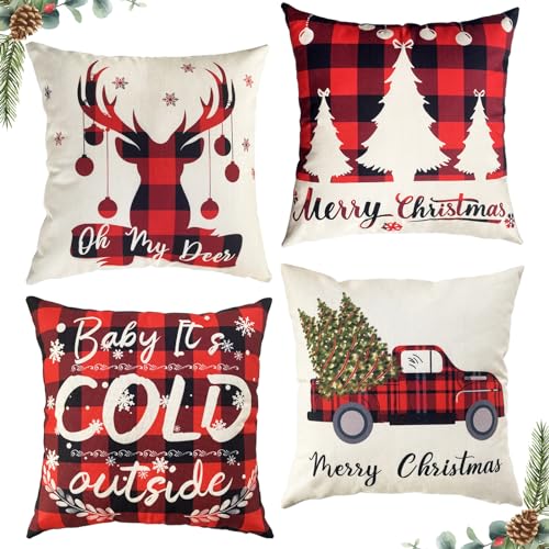 You are currently viewing CGACOL Christmas Decorations Pillow Covers 18×18 inch Set of 4 Throw Pillow Covers Premium Soft Linen Farmhouse Pillowcases Cushion Covers for Sofa Couch Home Decor Gift Christmas Pillows