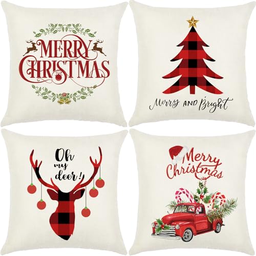 You are currently viewing AUMA Christmas Throw Pillow Covers 18×18 inch – Christmas Decorations Tree Reindeer Pillow Cushion Covers Home Decorative Pillowcase for Couch Sofa Bed Breathable Linen with Hidden Zipper