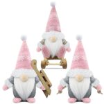 Gehydy Set of 3 Christmas Gnomes Decorations Gift Handmade Sled Gnome Plush Stuffed Xmas Decor for Home Kitchen Farmhouse Tiered Tray – Pink