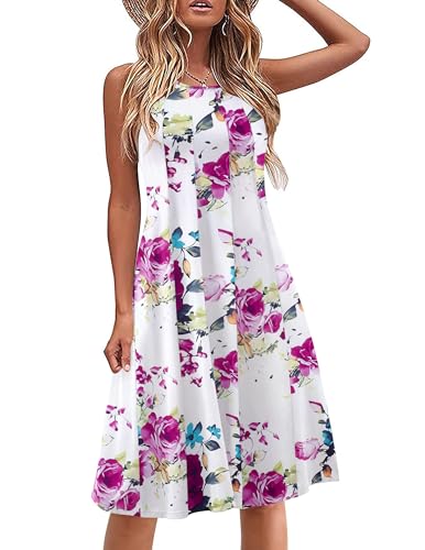 You are currently viewing Hotouch Summer Dress Casual for Women Sleeveless Beach Dress Pleated Casual Tank Tshirt Dress Pockets Swing Midi Dresses, White Floral M