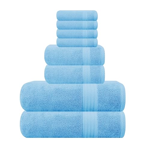 You are currently viewing GLAMBURG Ultra Soft 8-Piece Towel Set – 100% Pure Ringspun Cotton, Contains 2 Oversized Bath Towels 30×54, 2 Hand Towels 16×28, 4 Wash Cloths 13×13 – Ideal for Everyday use, Hotel & Spa – Sky Blue