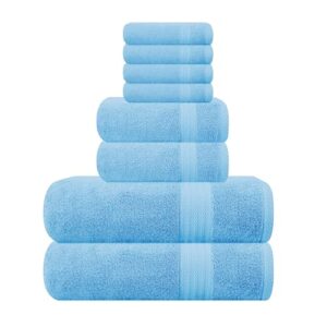 Read more about the article GLAMBURG Ultra Soft 8-Piece Towel Set – 100% Pure Ringspun Cotton, Contains 2 Oversized Bath Towels 30×54, 2 Hand Towels 16×28, 4 Wash Cloths 13×13 – Ideal for Everyday use, Hotel & Spa – Sky Blue