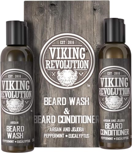 Read more about the article Viking Revolution – Beard Wash & Beard Conditioner Set With Argan & Jojoba Oil – Softens & Strengthens – Beard Shampoo & Conditioner – Peppermint & Eucalyptus – 150 ml x 2