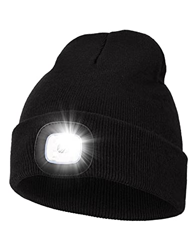 You are currently viewing Gifts for Men, Unisex LED Beanie Hat with Light, 4 LED USB Rechargeable Hands Free Headlamp Winter Warm Knitted Cap, Flashlight Head Lights Hat Torch Cap Women Men Gifts for Camping Hiking (Black)