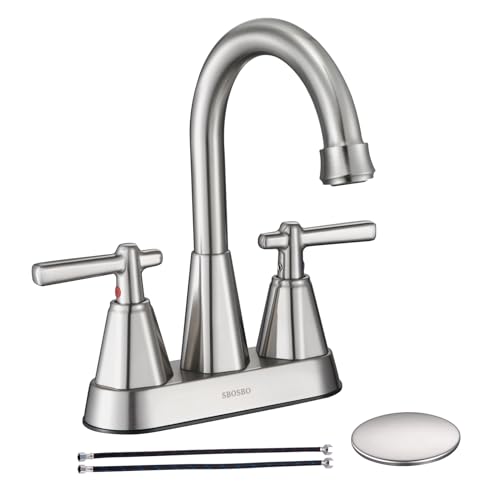 You are currently viewing Brushed Nickel Bathroom Sink Faucet, SBOSBO 4 Inch Bathroom Faucet for Sink 3 Hole, 2 Handle Sink Faucet with Pop Up Drain Assembly and 2 Water Supply Hoses for RV Bathroom Vanity