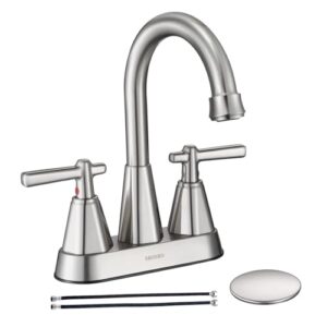 Read more about the article Brushed Nickel Bathroom Sink Faucet, SBOSBO 4 Inch Bathroom Faucet for Sink 3 Hole, 2 Handle Sink Faucet with Pop Up Drain Assembly and 2 Water Supply Hoses for RV Bathroom Vanity