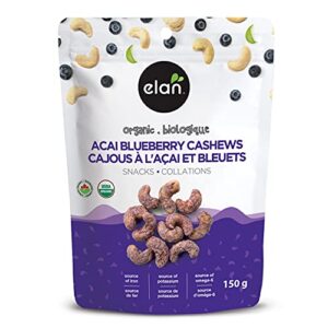 Read more about the article Elan Organic Acai Blueberry Cashews, 150g, Non-GMO, Vegan, Gluten-Free, Kosher, Glazed Nuts (Roasted Cashews, Acai Berry Powder, Blueberry Juice Powder), Superfood Infused Nuts