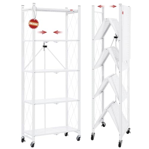 You are currently viewing DEANIC 5-Shelf Foldable Storage Shelves with Wheels, Heavy Duty Shelving Unit, Freestanding Metal Wire Shelf Rack, No Assembly Organizer Rack for Garage Kitchen, Basement, Pantry, White