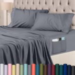 Utopia Bedding Queen Sheet Set – Soft Microfiber 4 Piece Hotel Luxury Bed Sheets with Deep Pockets – Embroidered Pillow Cases – Side Storage Pocket Fitted Sheet – Flat Sheet (Grey, Queen)