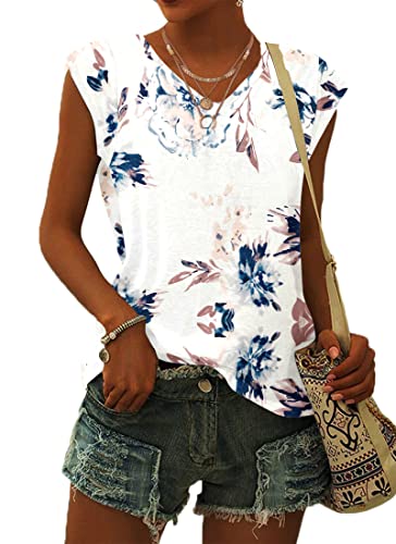 You are currently viewing WNEEDU Womens Summer Tops Cap Short Sleeve T-Shirt Lightweight V Neck Shirts Casual Loose Fit Tank Tops 2025 New Floral White 2XL