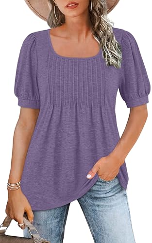 You are currently viewing WNEEDU Womens Summer Top Puff Short Sleeve Tunic Top Square Neck T-Shirts Dressy Pleated Shirts Loose Fit Clothes 2025 Trendy Purple S