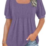 WNEEDU Womens Summer Top Puff Short Sleeve Tunic Top Square Neck T-Shirts Dressy Pleated Shirts Loose Fit Clothes 2025 Trendy Purple S