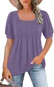 Read more about the article WNEEDU Womens Summer Top Puff Short Sleeve Tunic Top Square Neck T-Shirts Dressy Pleated Shirts Loose Fit Clothes 2025 Trendy Purple S