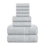 Elvana Home 8 Piece Towel Set 100% Ring Spun Cotton, 2 Bath Towels 27×54, 2 Hand Towels 16×28 and 4 Washcloths 13×13 – Ultra Soft Highly Absorbent Machine Washable Hotel Spa Quality – Light Grey