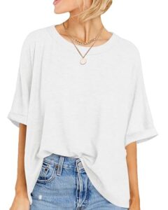 Read more about the article WNEEDU Womens Oversized T Shirts Loose Fit Summer Tops Casual Short Roll Sleeve Crewneck Tunic Shirts 2025 New Off White M