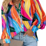 IN’VOLAND Womens Plus Size Button Down Shirts Print Balloon Sleeve Blouses Boho Floral Shirts Hawaiian Shirts Work Office Tops