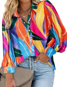 Read more about the article IN’VOLAND Womens Plus Size Button Down Shirts Print Balloon Sleeve Blouses Boho Floral Shirts Hawaiian Shirts Work Office Tops