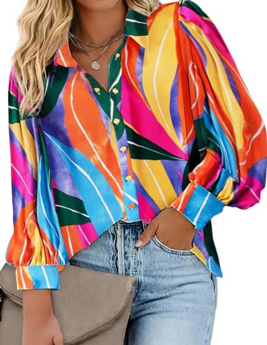 Read more about the article IN’VOLAND Womens Plus Size Button Down Shirts Print Balloon Sleeve Blouses Boho Floral Shirts Hawaiian Shirts Work Office Tops