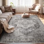 Rugs for Living Room 5×7 Area Rug Soft Carpet for Bedrooms-Machine Washable Rug Vintage Floral Medallion Dining Room Office Rug Grey