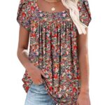 onlypuff Women Petal Short Sleeve Blouses for Women Square Neck Shirt Tunic Tops Large