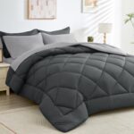 HEVUMYI Cali-King Comforter Set – 7-Piece All Season Bed in a Bag Cali-King, Ultra Soft Bedding Set with Comforter, Flat Sheet, Fitted Sheet, Pillowcases, Pillow Shams, Dark Grey & Light Grey