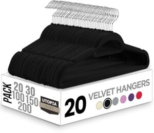 Read more about the article Utopia Home Pack of 20 Premium Non Slip Velvet Hangers 360 Degree rotatable Hook Durable & Slim Coat – Pant Hangers – Black