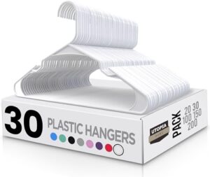 Read more about the article Utopia Home White Plastic Hangers 30 Pack – Clothes Hangers for Coat, Shirts,Trouser Suit Hangers for Space Saving Durable and Slim with Shoulder Grooves