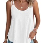 WNEEDU 2025 Womens Summer Tank Tops Eyelet Embroidery Sleeveless Spaghetti Strap Pleated Flowy Scoop Neck Hollow Cami White 3XL