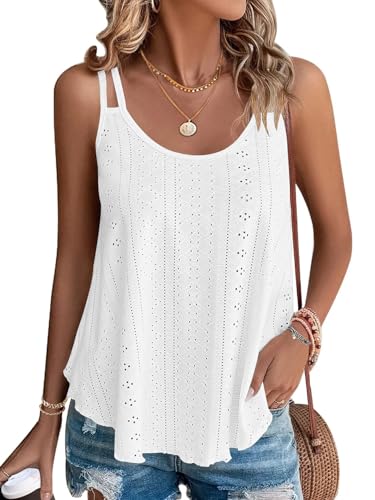 You are currently viewing WNEEDU 2025 Womens Summer Tank Tops Eyelet Embroidery Sleeveless Spaghetti Strap Pleated Flowy Scoop Neck Hollow Cami White 3XL