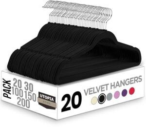 Read more about the article Utopia Home Pack of 20 Premium Non Slip Velvet Hangers 360 Degree rotatable Hook Durable & Slim Coat – Pant Hangers – Black