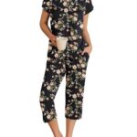 Ekouaer Pajama Sets for Women Short Sleeve Sleepwear Top and Capri Pants Soft Pjs 2 Piece Loungewear with Pockets Black Flowers Medium