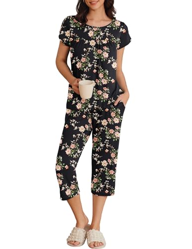 You are currently viewing Ekouaer Pajama Sets for Women Short Sleeve Sleepwear Top and Capri Pants Soft Pjs 2 Piece Loungewear with Pockets Black Flowers Medium
